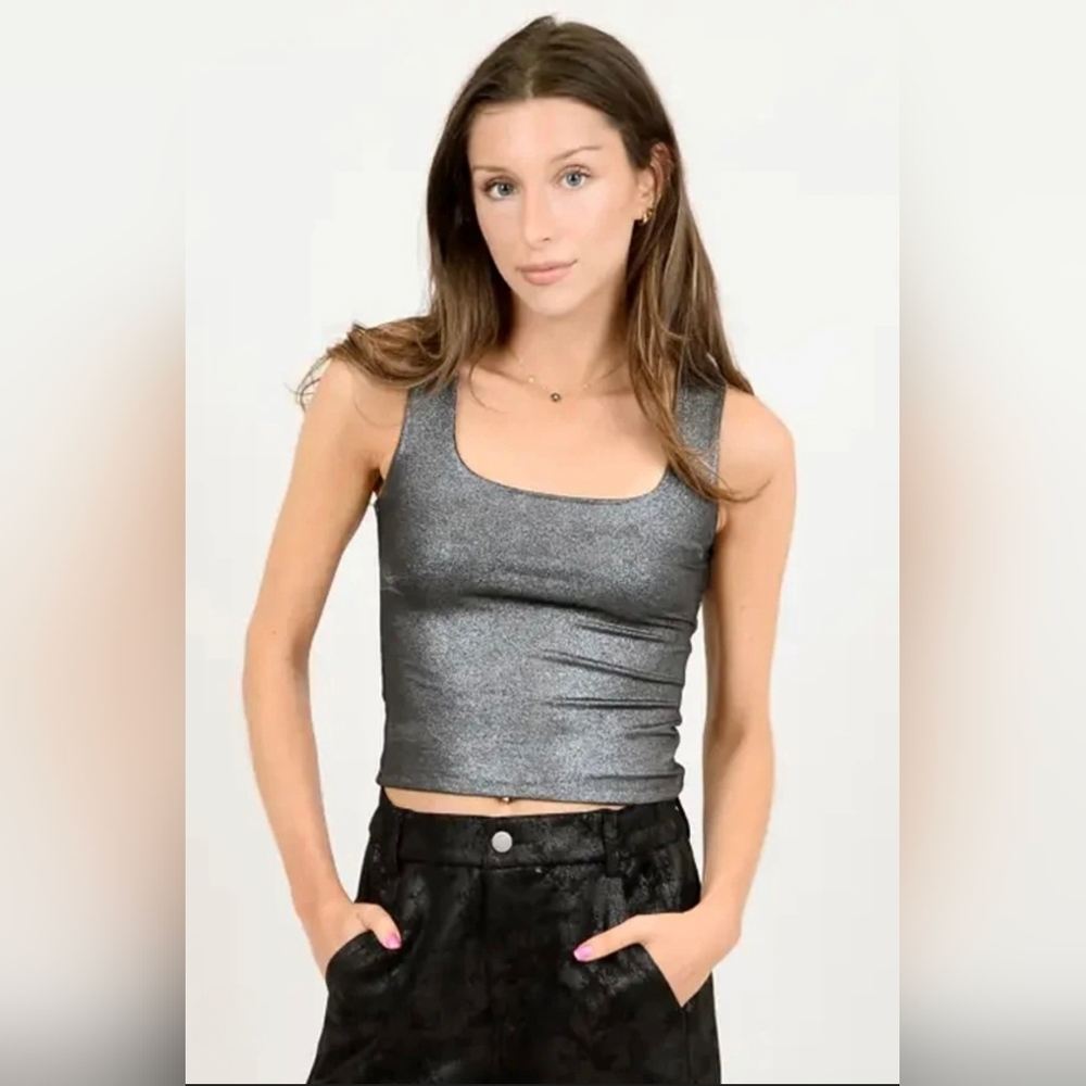 NEW RD Style Second Skin Crop Top Silver Metallic Disco Cyber Y2K Party Futurist